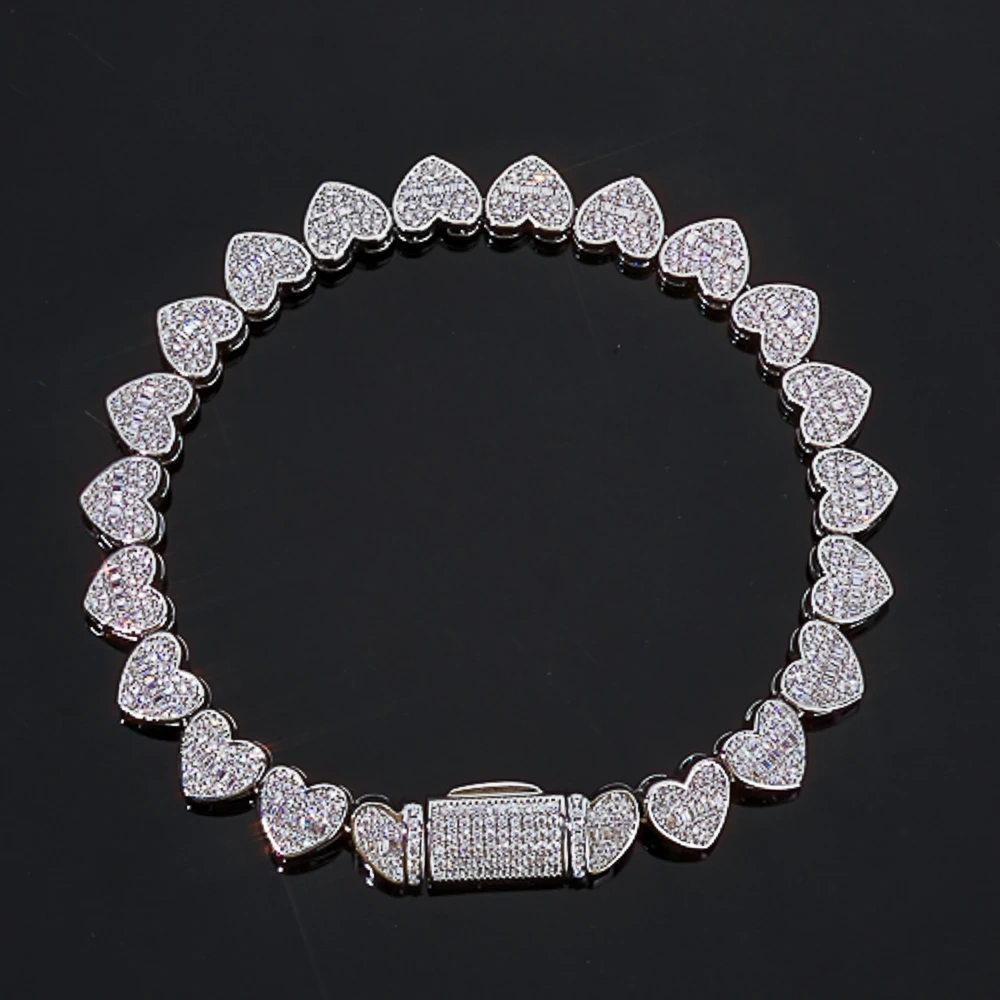 ESKEEM 8mm Iced Out Baguette Heart Tennis Chain Bracelet Silver Plated Zircon Mixed Inlay Hip Hop Women's Fine Jewelry