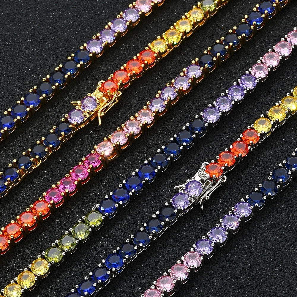 New 5mm Iced Out Bling Rainbow Colorful Cubic Zirconia CZ Tennis Chain Women Men Charm Choker Necklace Jewelry Gift