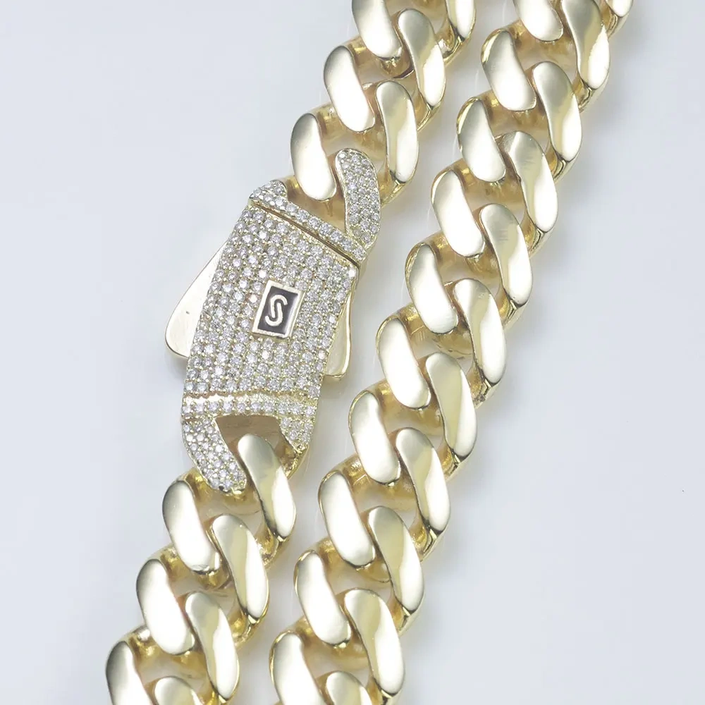 ESKEEM New 925 Silver Monaco Chain Iced Out VVS Moissanite Clasp Real 14K Gold Plated 12mm 15mm Cuban Link Necklace Jewelry