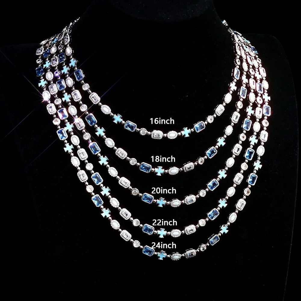 ESKEEM 6mm Geometric Blue Gemstone Necklace Oil Drip Cross Pendant Iced Out CZ Stones Opal Chain Hip Hop Jewelry Men Women Gift