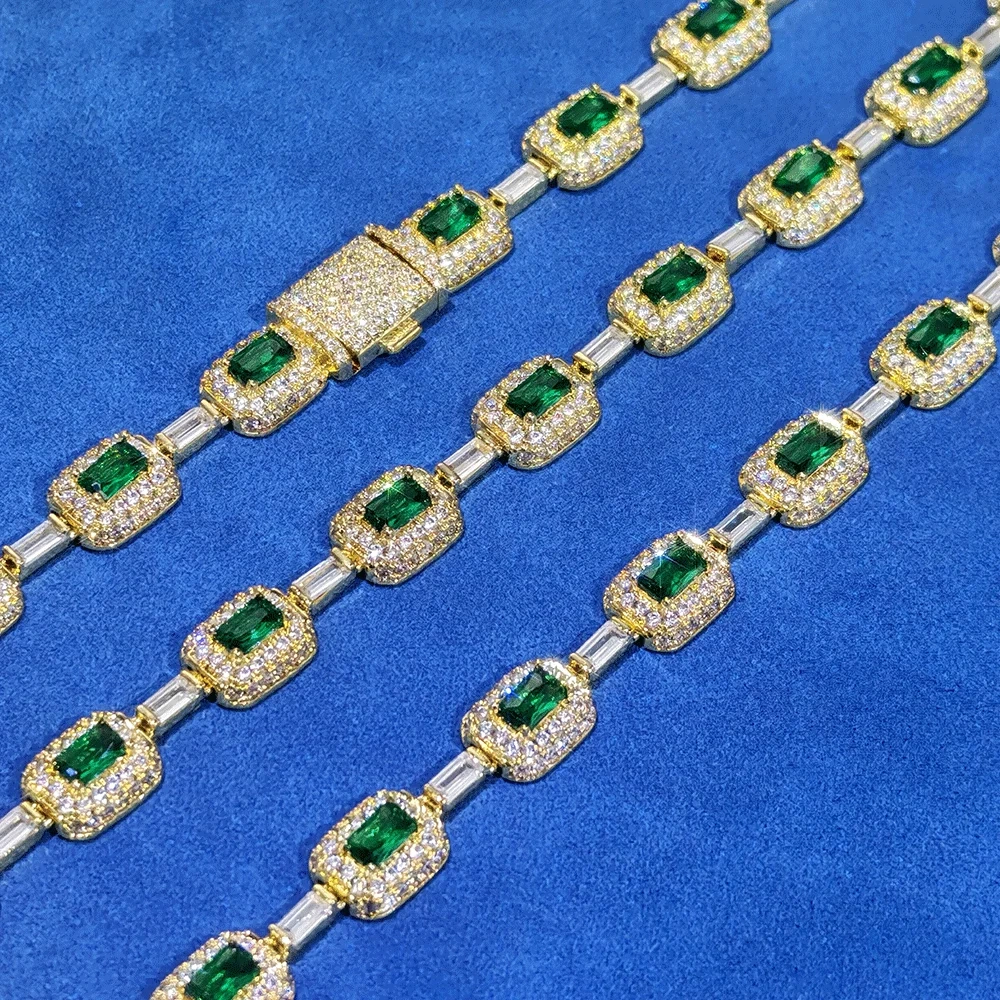 Hiphop Fashion Jewelry 7mm Sparkling White Gold Plated Green Baguette Diamond Chain Bracelet Brass Zircon Emerald Bracelet
