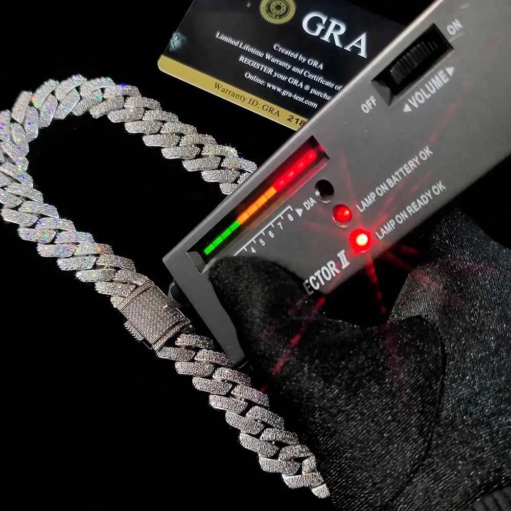 15MM Hip Hop Jewelry Iced Out 925 Sterling Silver Necklace Setting VVS Moissanite Diamond Miami Cuban Link Chain Box Buckle