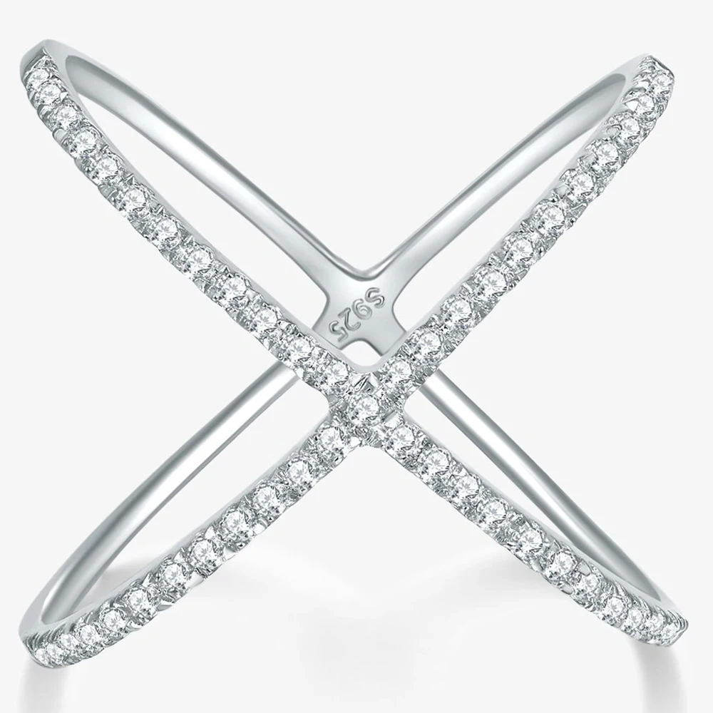ESKEEM S925 Sterling Silver X Crossover Moissanite Ring Elegant Pave Setting 18K White Gold Plated Fashion Jewelry