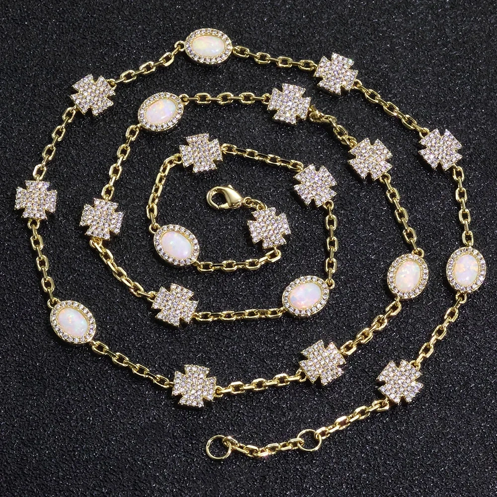 Bling Iced Out Simple Cross Elliptical Opal Necklace Shiny Popular Link Chain Charm Bracelet Hip Hop Jewelry
