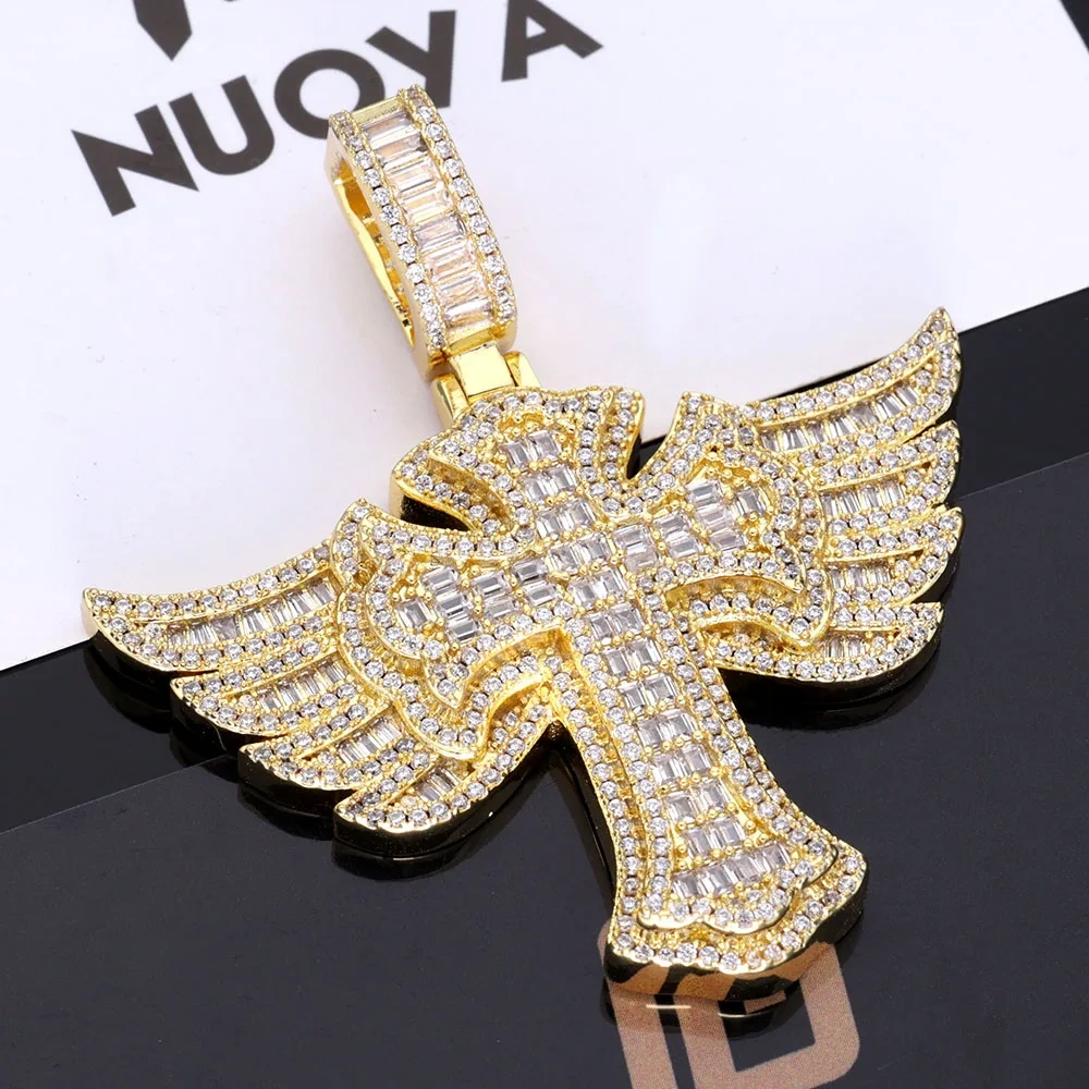ESKEEM Angel Wings Cross with Diamond Pendant Fashion Personalized Trendy 5A Cubic Zirconia CZ Cross Necklace Hip Hop Jewelry