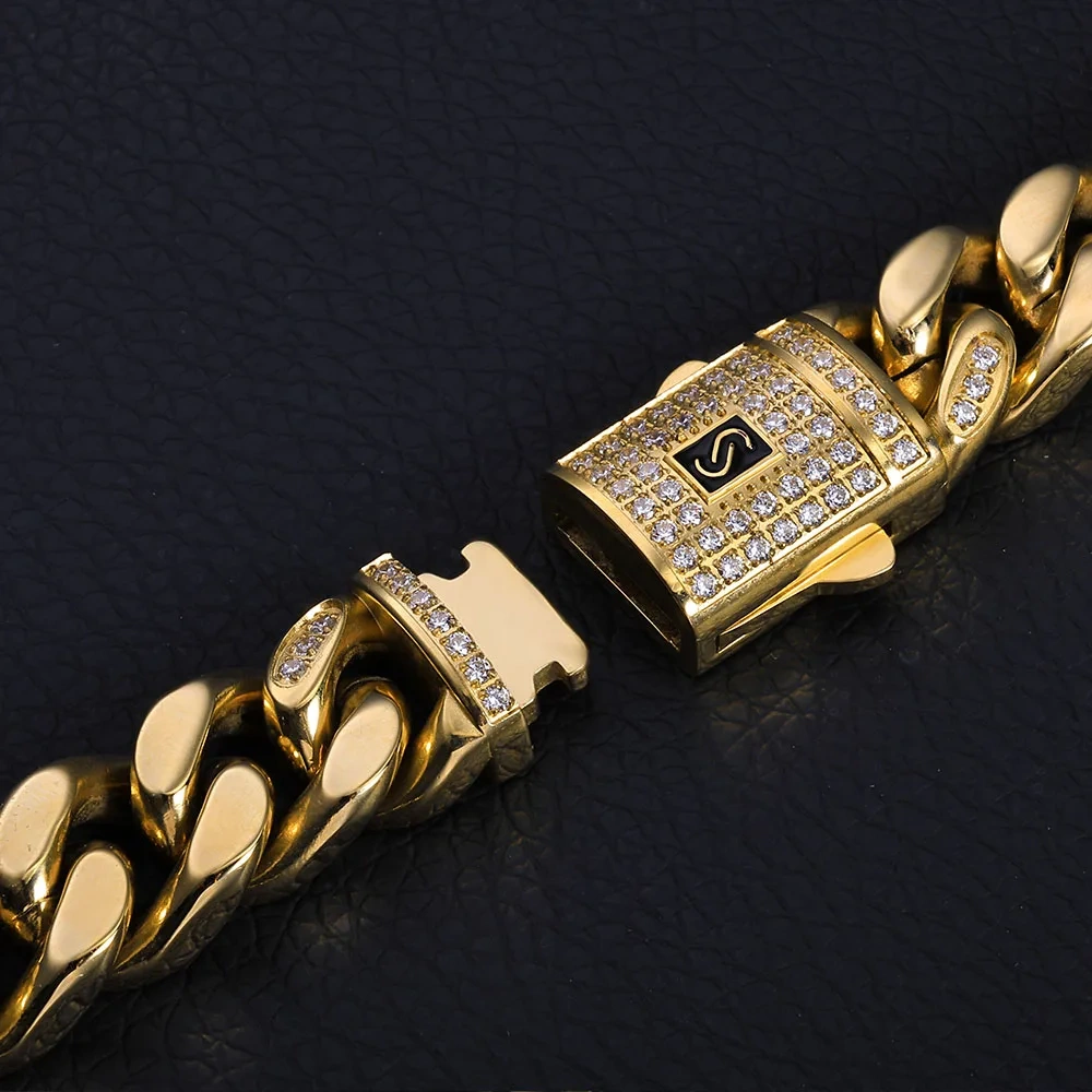ESKEEM Hip Hop Monaco Bracelet PVD 14k Gold Plated Miami Cuban Link Chains 6/9/11/13MM Stainless Steel for Women And Men