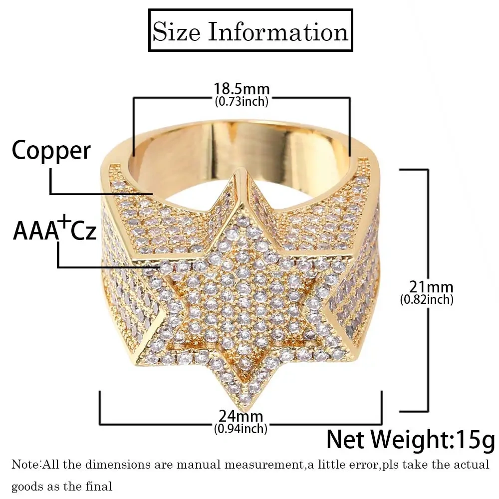New Style Hip Hop Rapper Rock Jewelry Hexagonal Star Micro Pave 3A CZ Stone Ring For Women