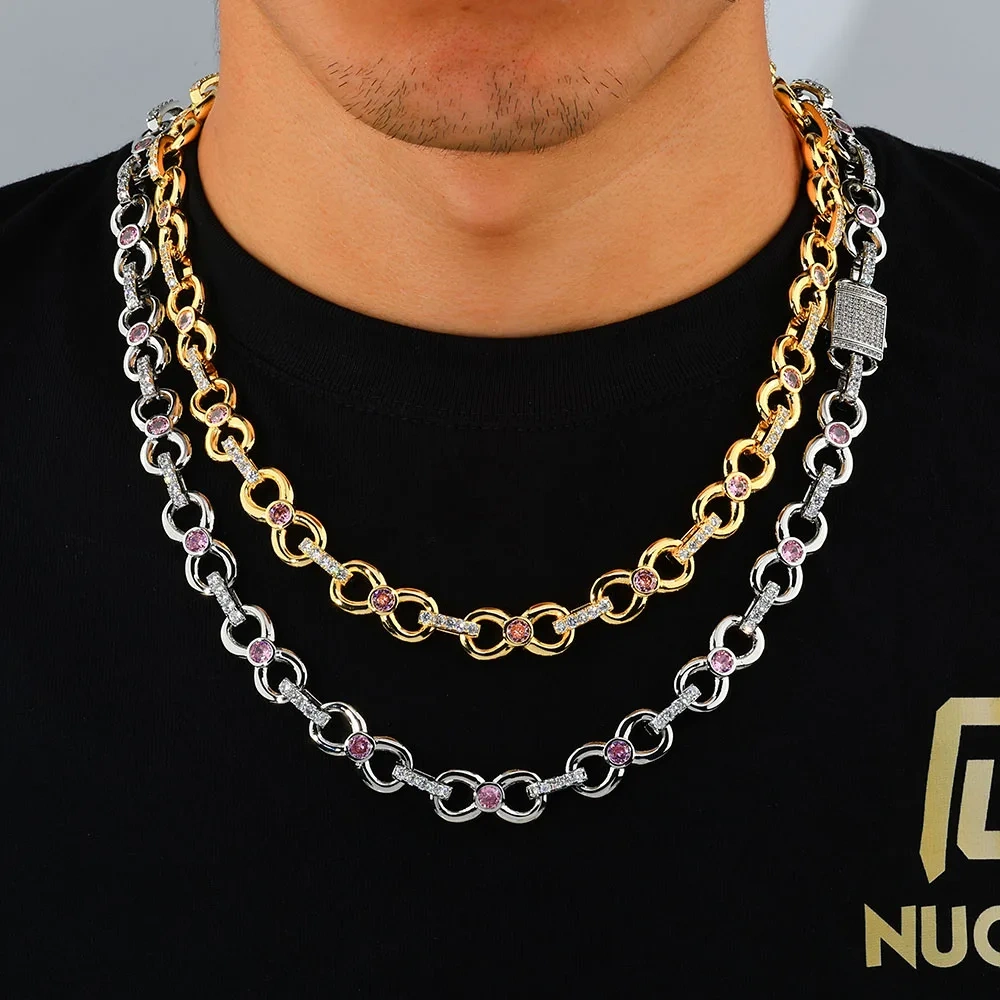 12MM Gold Plated CZ Zircon Diamond Link Chain Hip Hop Brass Metal Pink Stone Charm Cuban Link Chains for Women