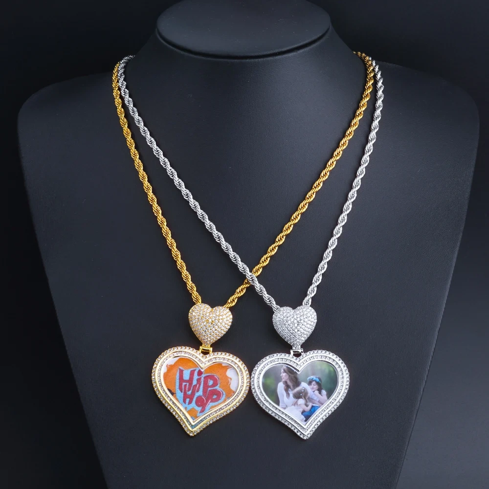 ESKEEM Personalized Customized Iced Out Heart Photo Chain Heart Shape Hook Picture Pendant Lover Family FestivalGift
