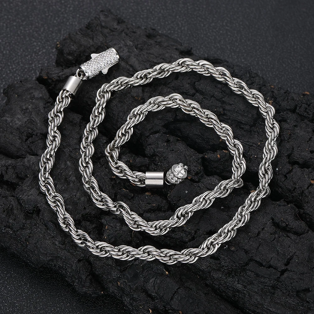 New Style 6mm Iced Out Clasp Rope Chain Stainless Steel Twist Rope Chain Necklace Jewelry For Women Drop Shipping
