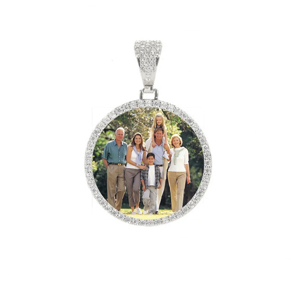 Personalized Photo Medallion Bling Stone Necklace Pendant Custom Memory Picture 35MM Circle Hip Hop Jewelry Pendant