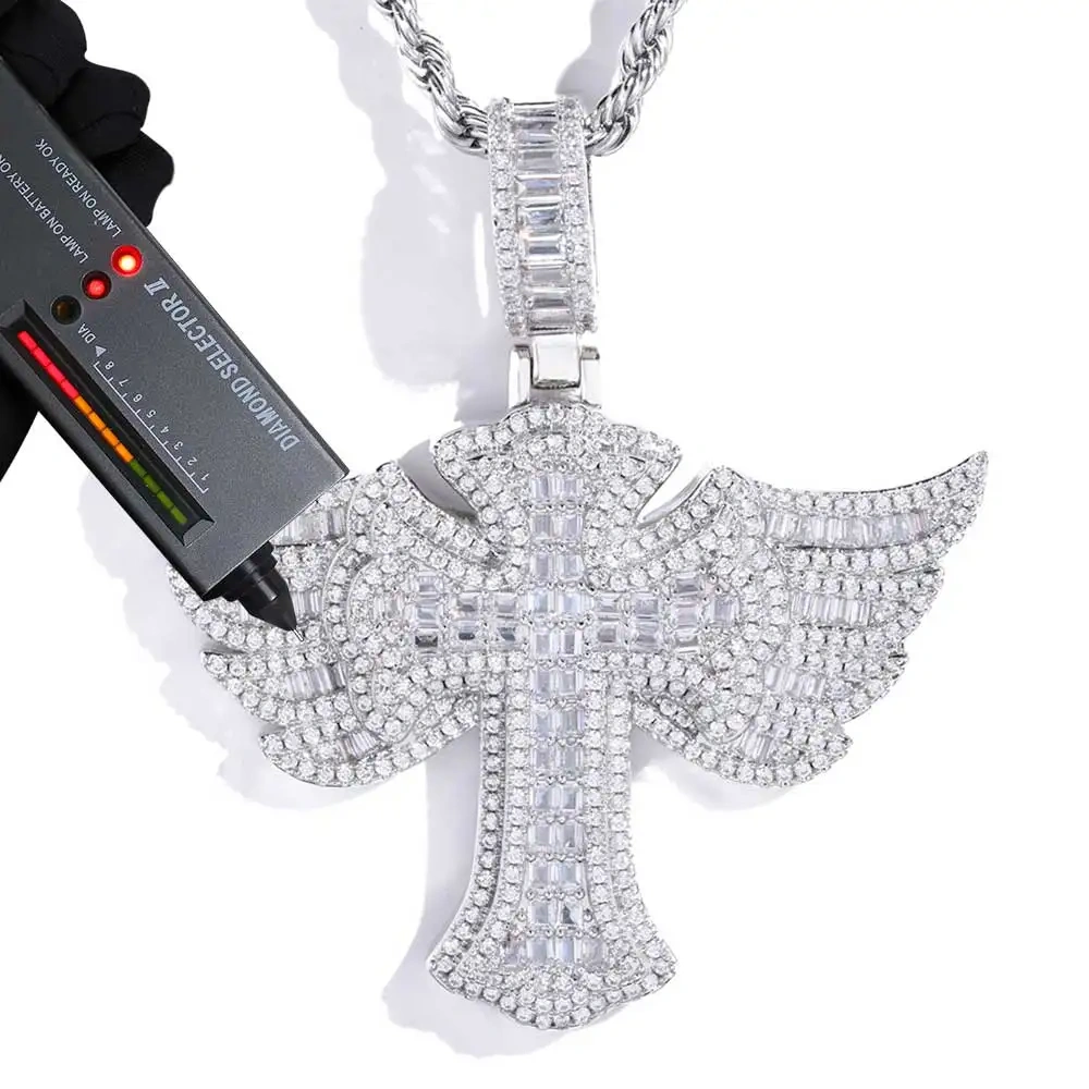 New 925 Sterling Silver Wings Cross Pendant Inlaid With VVS Moissanite Diamond Popular Hip-hop Cross Necklace Jewelry