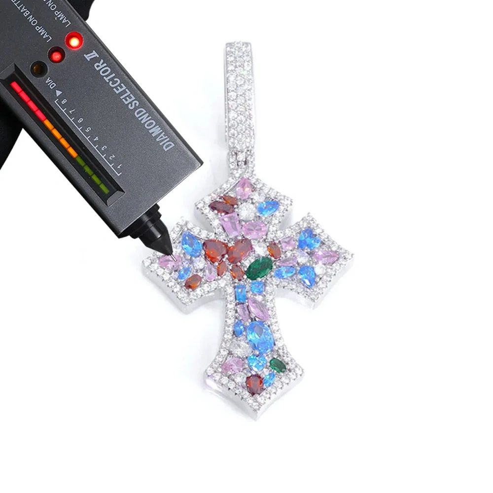 ESKEEM S925 Sterling Silver Paved Colorful Moissanite Cross Pendant Hip Hop VVS D Moissanite Diamond Pendant Necklace for Unisex