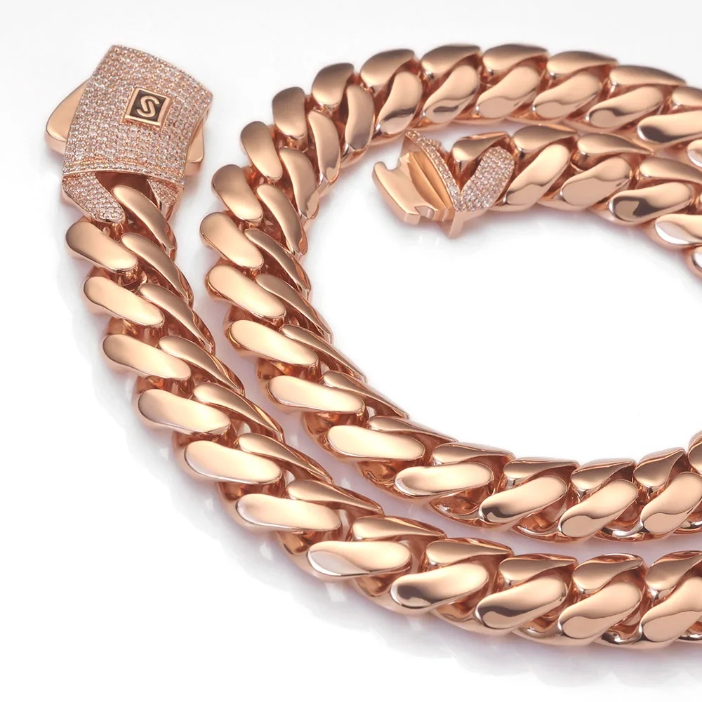 ESKEEM Hiphop Jewelry Rose Gold Plated Monaco Necklace Iced Out Diamond Clasp Flat Thick Cuban Link Chain Choker for Men