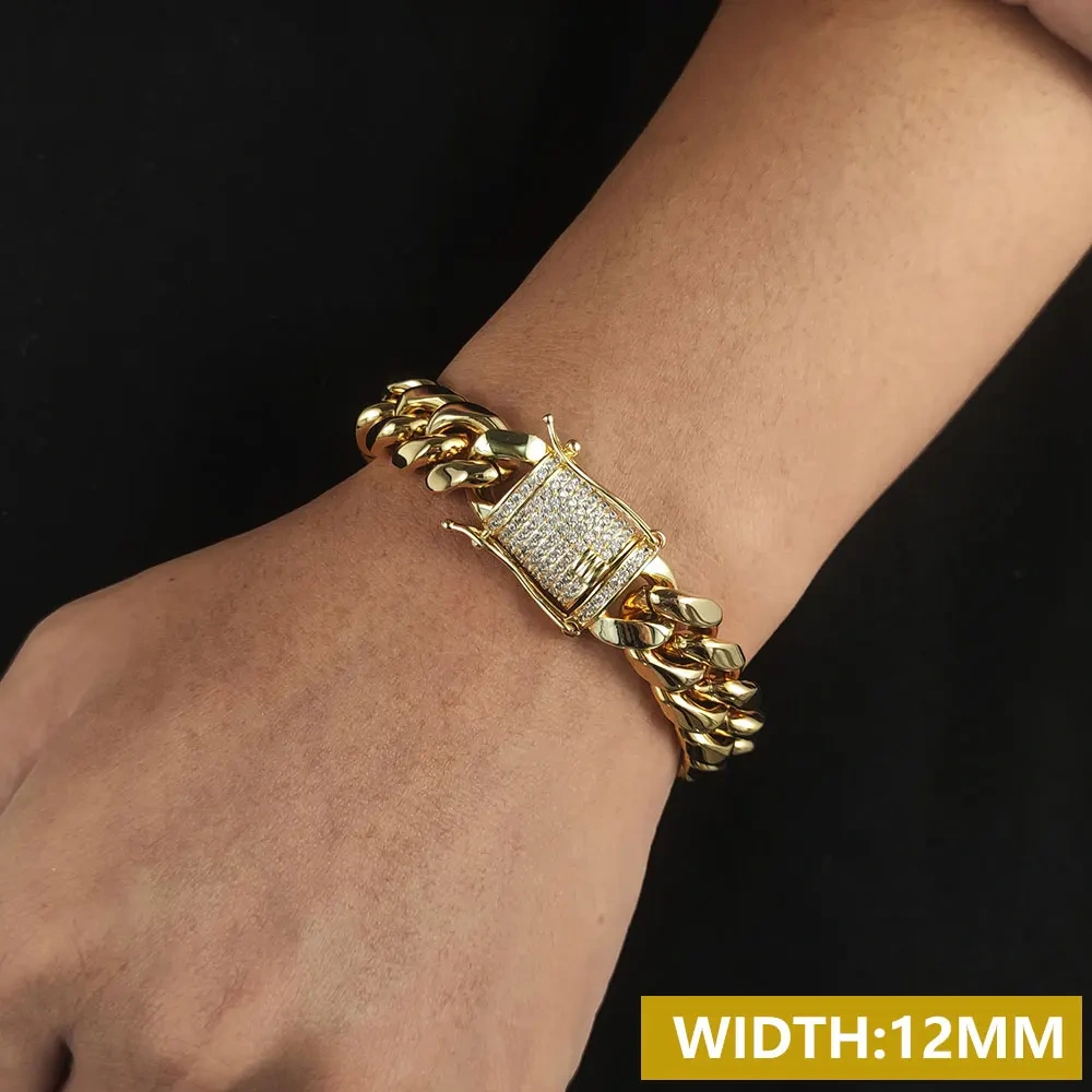 6/8/10/12/14/16MM Hip Hop Rock Zircon Clasp Cuban Bracelets For Men Stainless Steel Jewelry