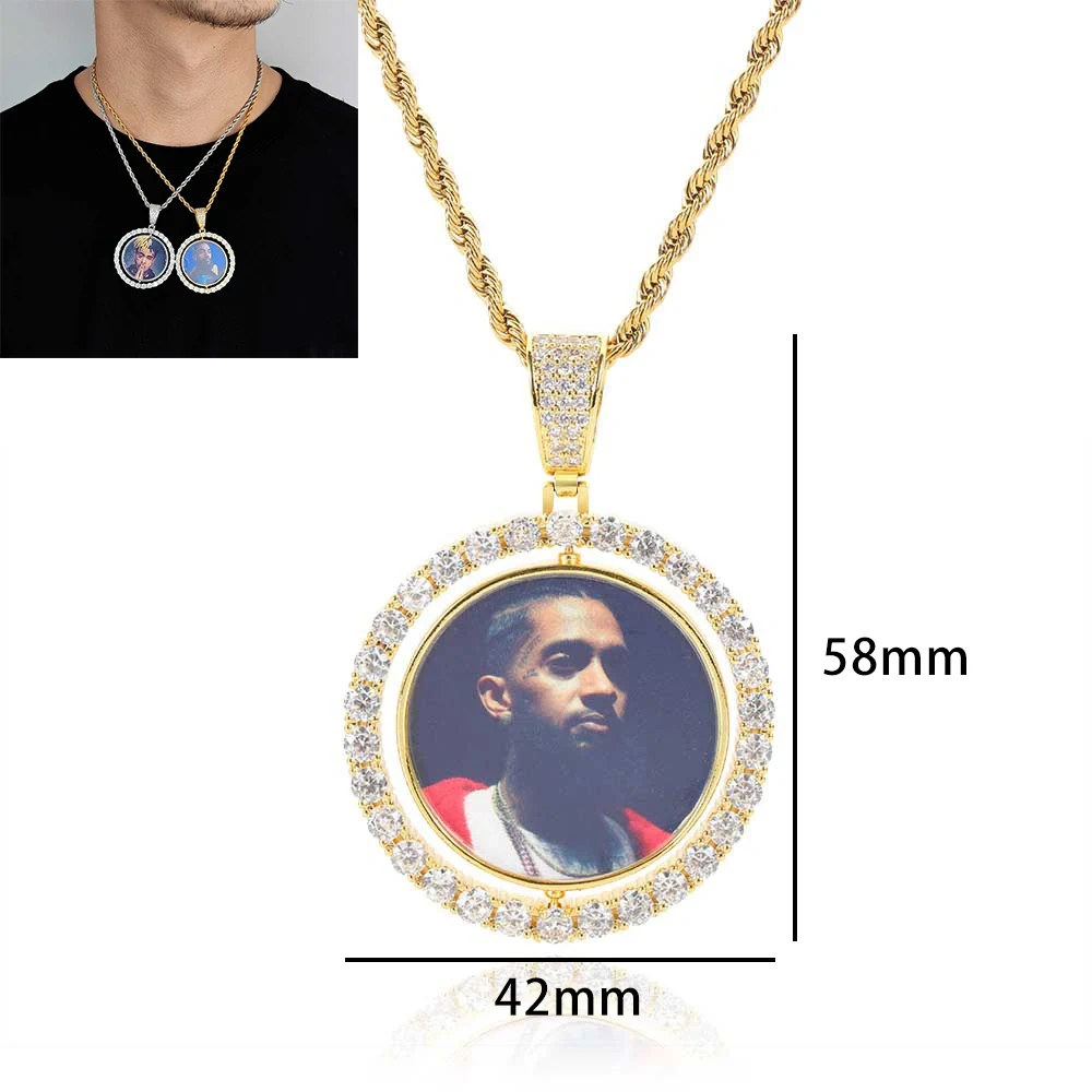 Custom Photo Necklace For Men Rotating Double-Sided Medallions Spinning Pendant Bling Iced Out Hip Hop Jewelry
