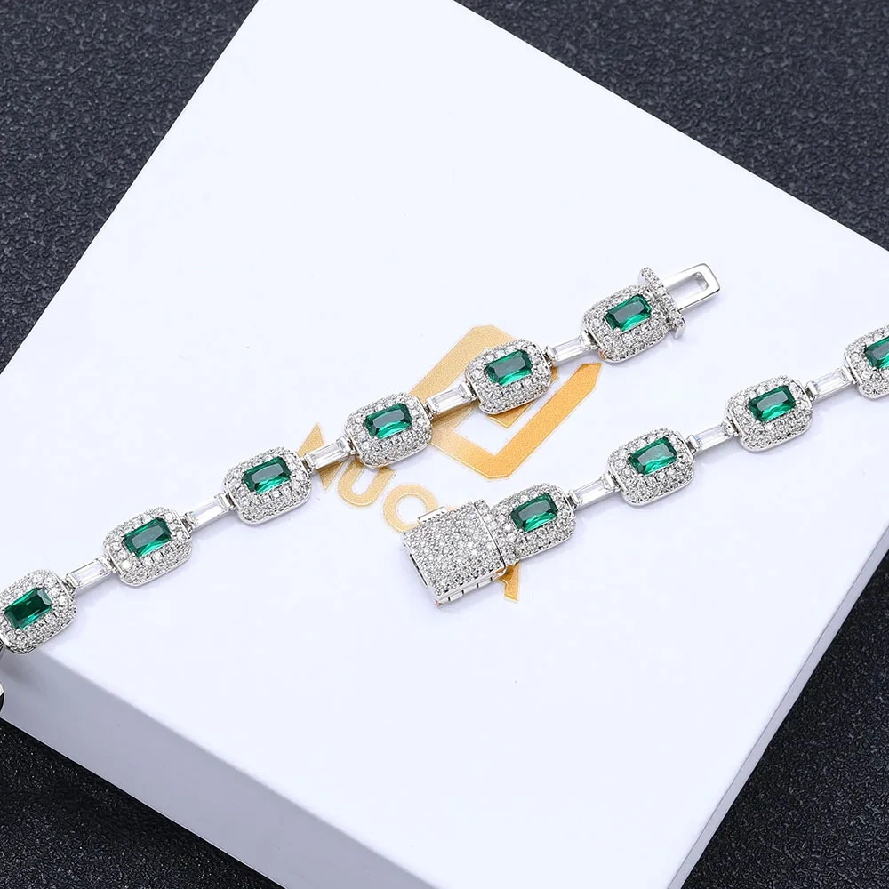 Round Square Green CZ Cluster Bead Link Chain Full Iced Out Bling Emerald Diamond Tennis Necklace For Valentine's Day Gift
