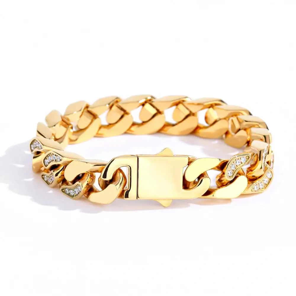 Hip Hop Rock Jewelry Miami Cuban Link Bracelet Stainless Steel CNC Inlaid Bling Ice Out PVD Plated Bracelet For Men