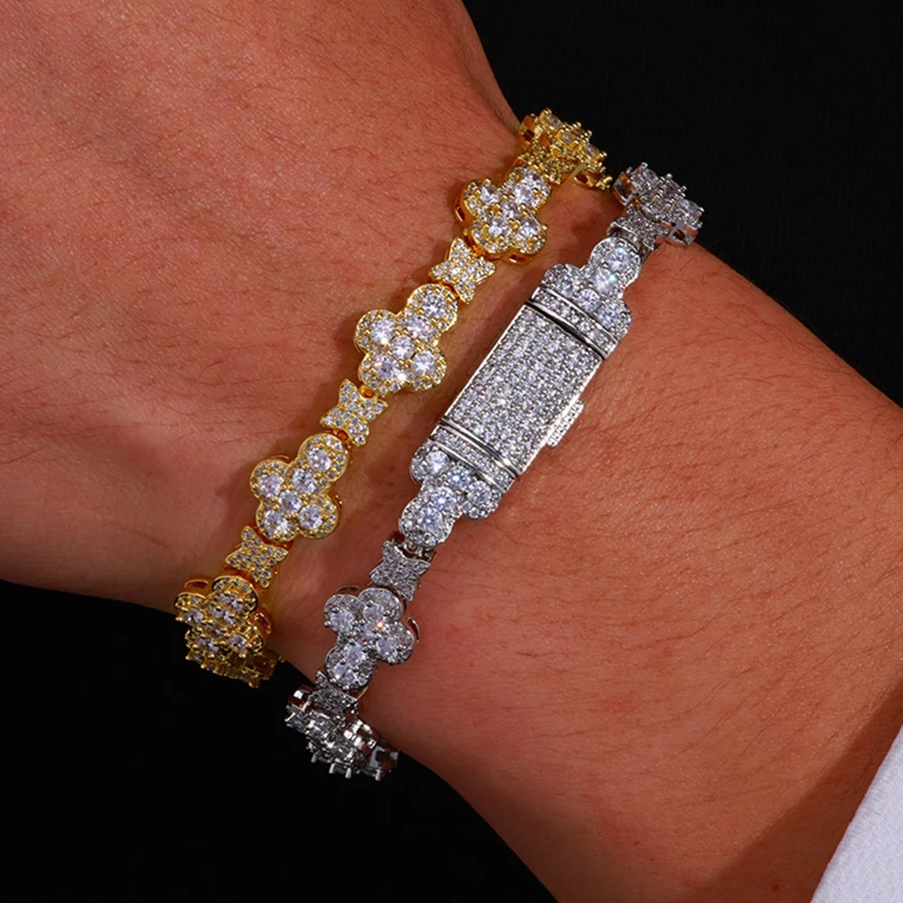 ESKEEM 10MM Cross Flower Star Chain Bracelet 18K Gold Plated Micro Pave CZ Diamond Iced Out Hip Hop Fine Jewelry Gift