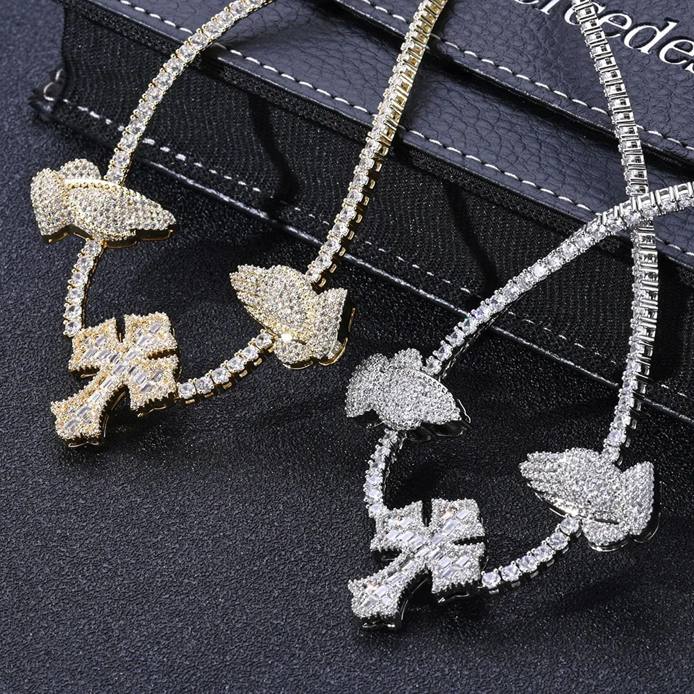 ESKEEM Hip Hop Cross Tennis Necklace High Quality Sparkling 5A Cubic Zirconia Praying Hand Cross Charm Tennis Chain Dropshipping
