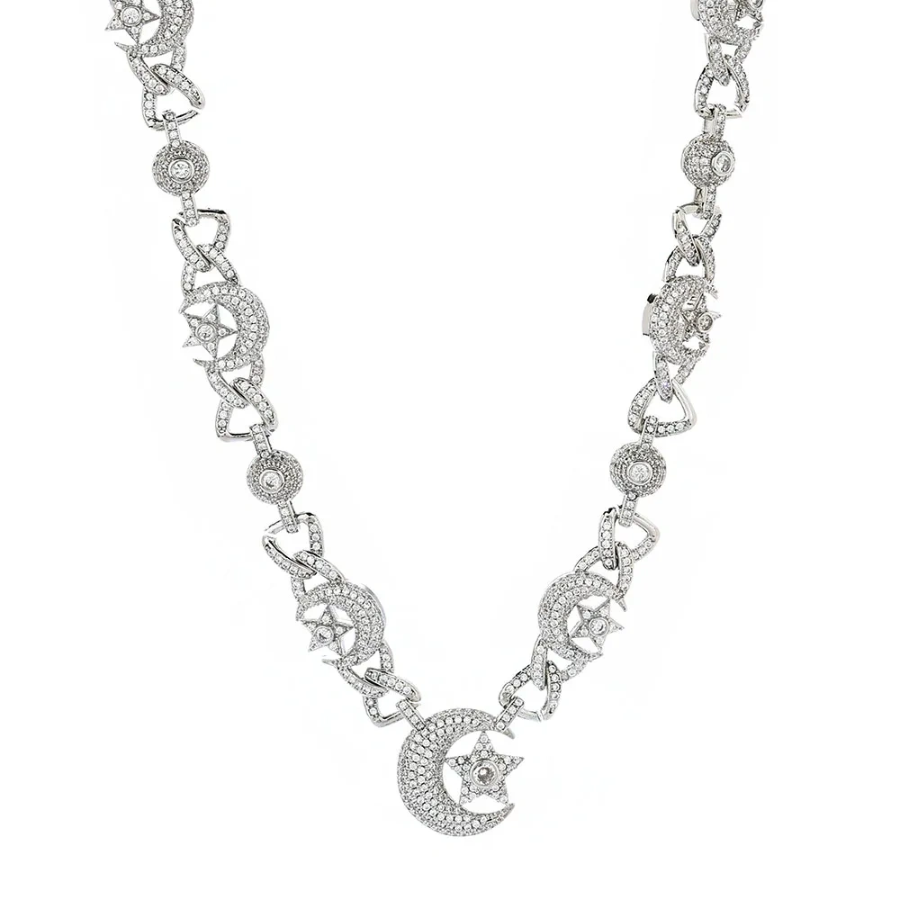 Hip Hop Iced Out CZ Necklace Sparkling Luxury Moon and Star Special Design Party Cuban Chain Jewelry For Men Women Gift