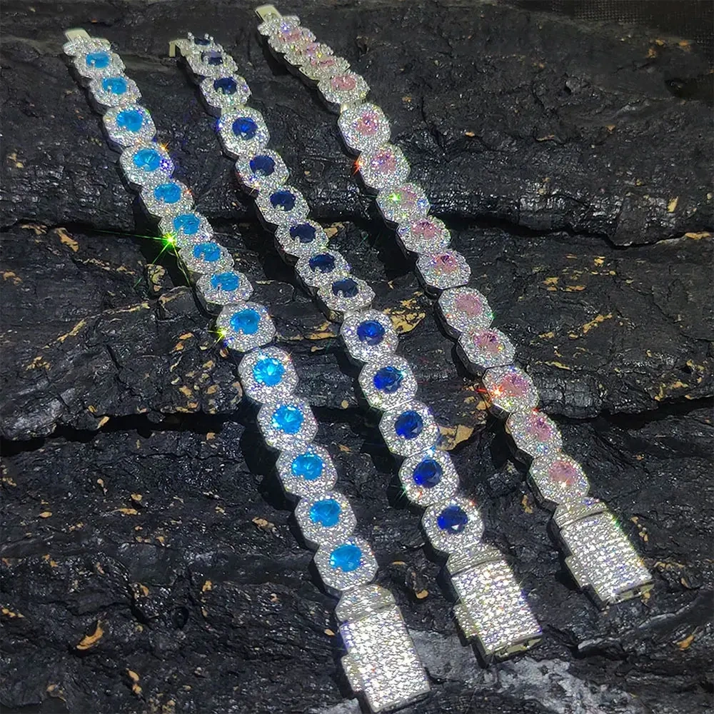 12mm Hip Hop Jewelry Pink/Treasure Blue/Sea Blue Girl Cluster Tennis Chain Cubic Zirconia Bling Diamond CZ Necklace For Women