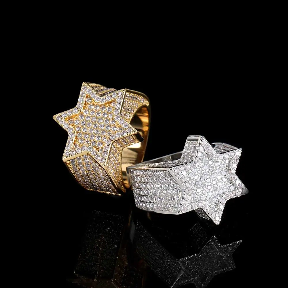New Style Hip Hop Rapper Rock Jewelry Hexagonal Star Micro Pave 3A CZ Stone Ring For Women