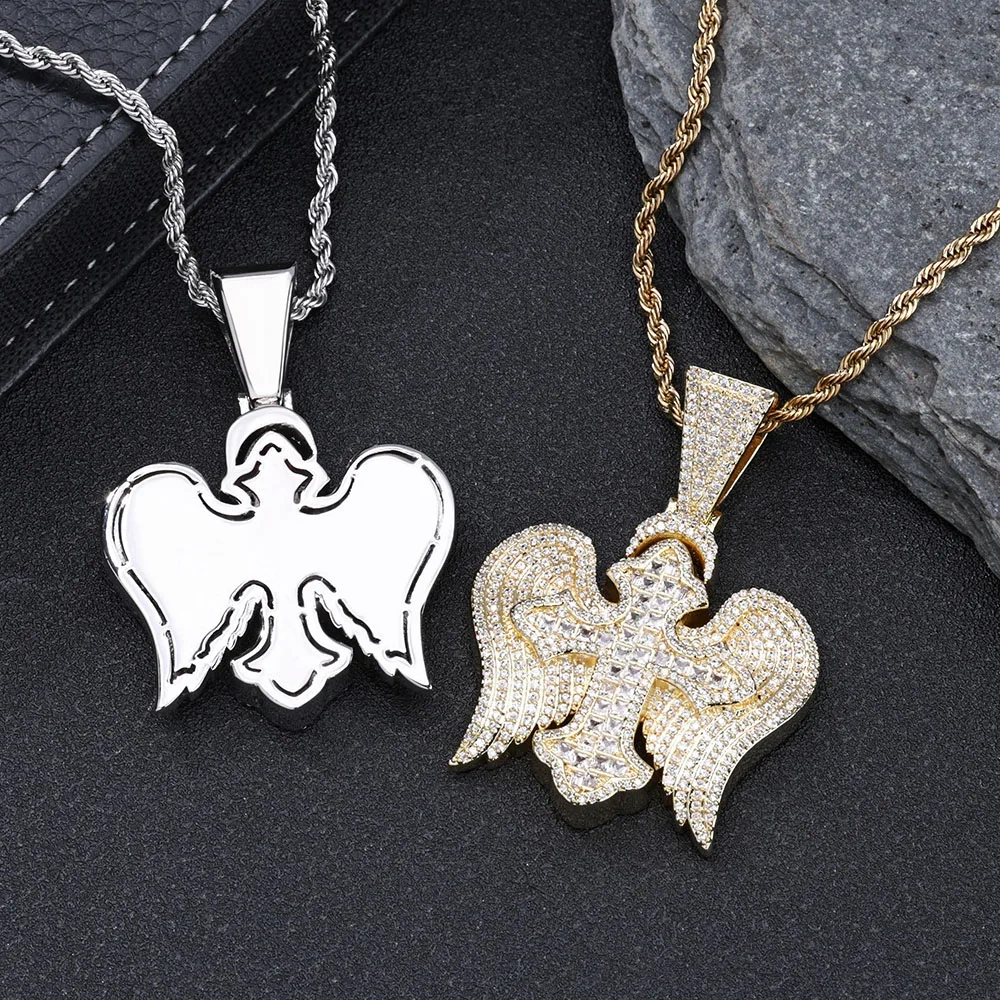 Hip Hop Sparkling Ice Flower Zircon Cross Wings Pendant Full Diamond Cross Pendant Necklace Accessories Men Women Jewelry