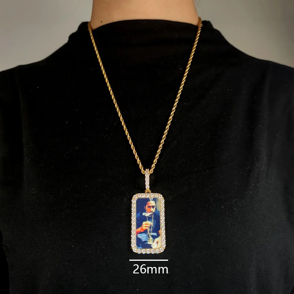 Custom Picture Necklace for Men Personalized Medallions Rectangle Photo Pendant Solid Back Zircon Hip Hop Jewelry