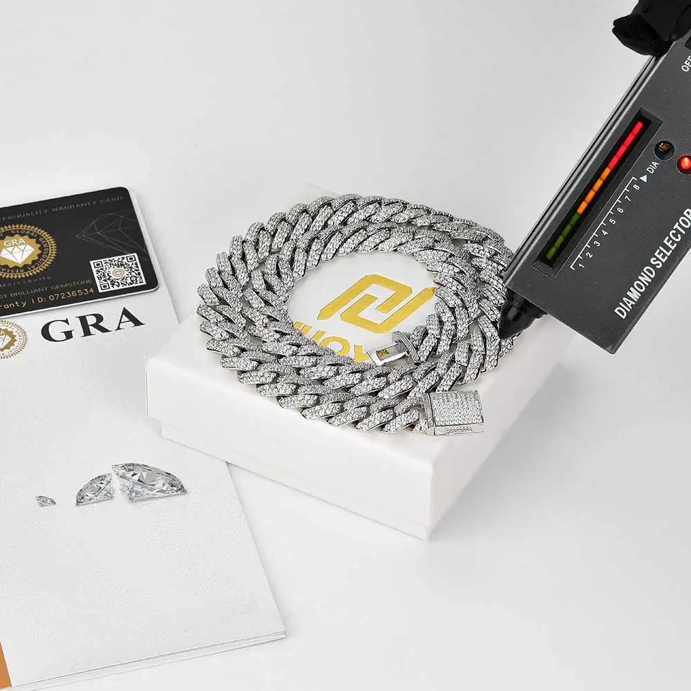 15MM Hip Hop Jewelry Iced Out 925 Sterling Silver Necklace Setting VVS Moissanite Diamond Miami Cuban Link Chain Box Buckle