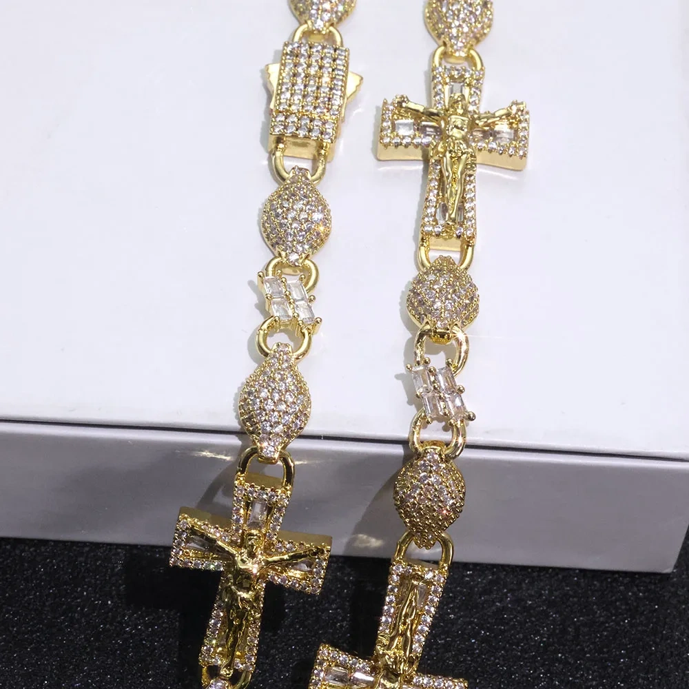 Custom Cross Iced Out Diamond Rosary Ball Link Chain Hip Hop Jewelry  Paved Baguette Cubic Zirconia Necklace Women Men