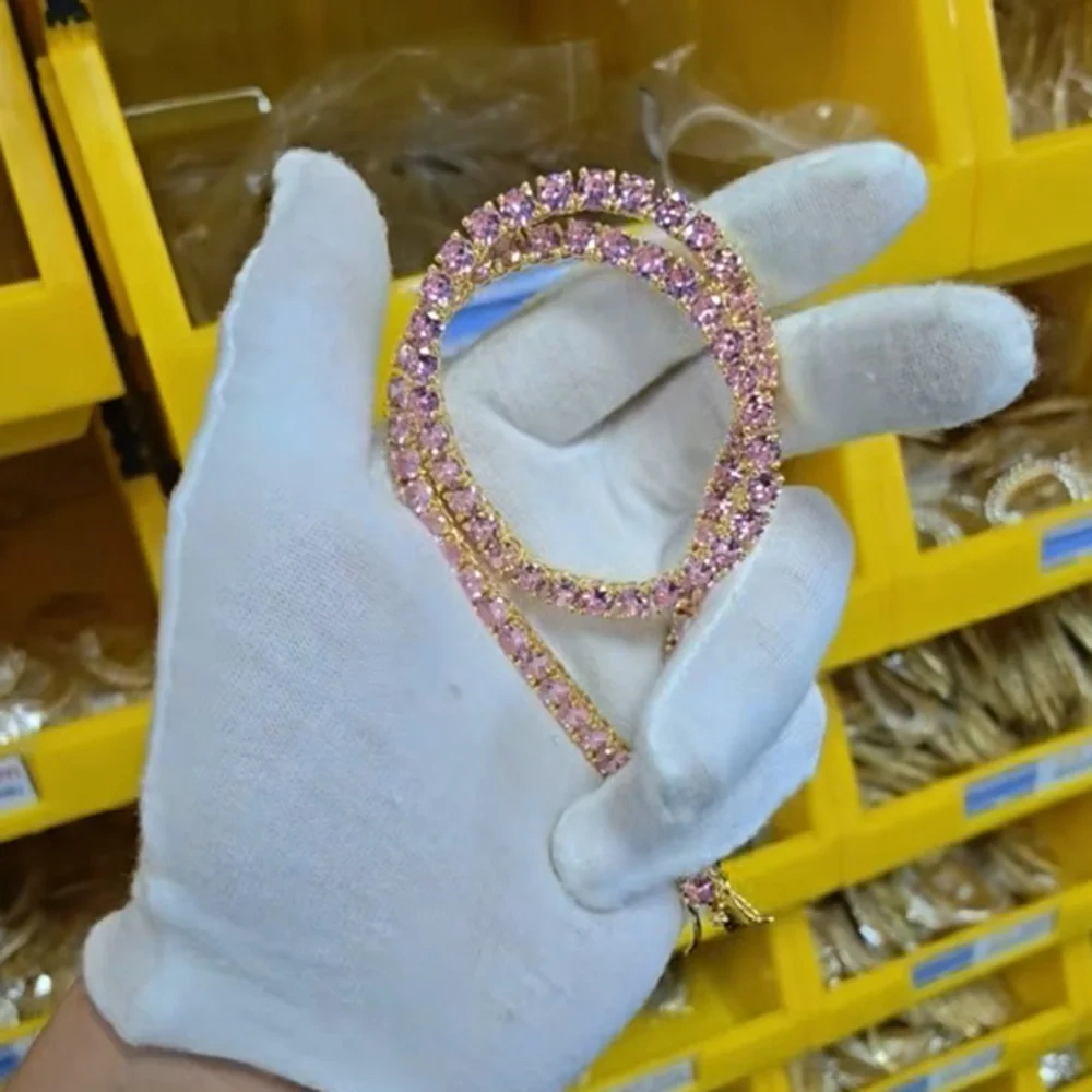 ESKEEM 5mm Pink Gemstone Tennis Chain 18k Gold Plated Hip Hop Jewelry Shiny Cubic Zirconia Iced Out Necklace