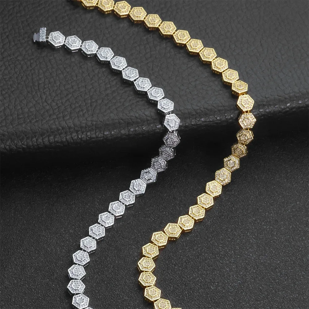 ESKEEM Hip Hop Jewelry Bling Geometric Hexago Iced Chain 8.5mm Diamond Tennis Link Chain Necklace for Unisex