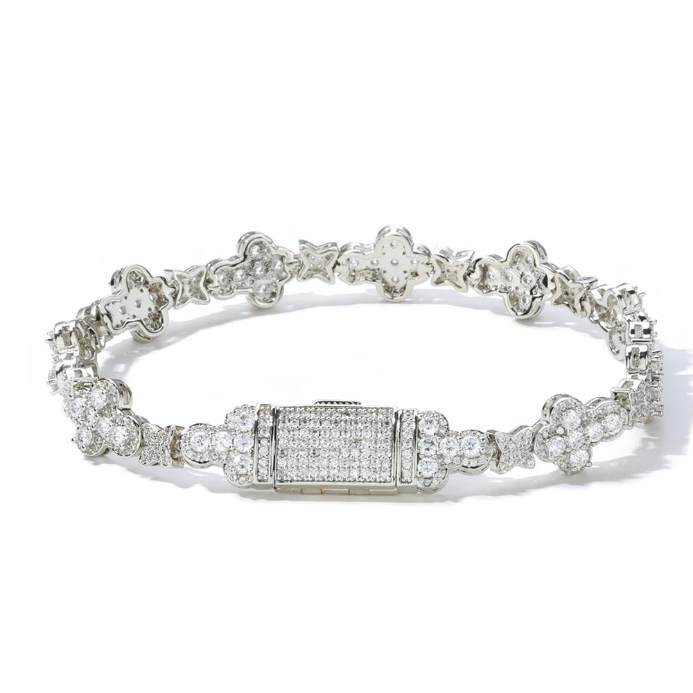 Personalized Trendy Niche Jewelry Hip Hop Cuban Chain 10mm Cross Flower Filled Zircon Bracelet for Men and Women