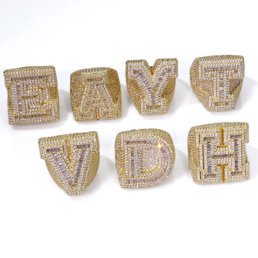 Custom Big Bling Iced Out Letter Ring For Men A-Z Initial Letter Prong Setting Diamond Ring Hip Hop Jewelry Chrismas Gift