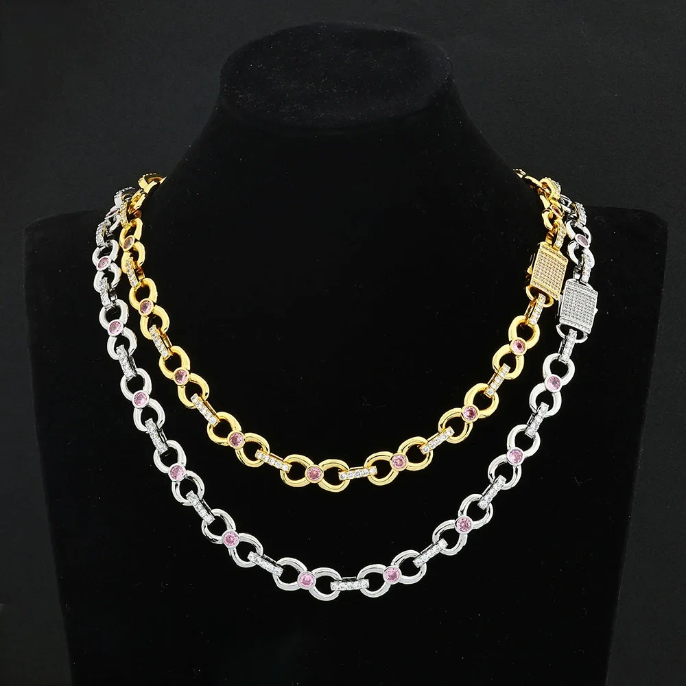 12MM Gold Plated CZ Zircon Diamond Link Chain Hip Hop Brass Metal Pink Stone Charm Cuban Link Chains for Women