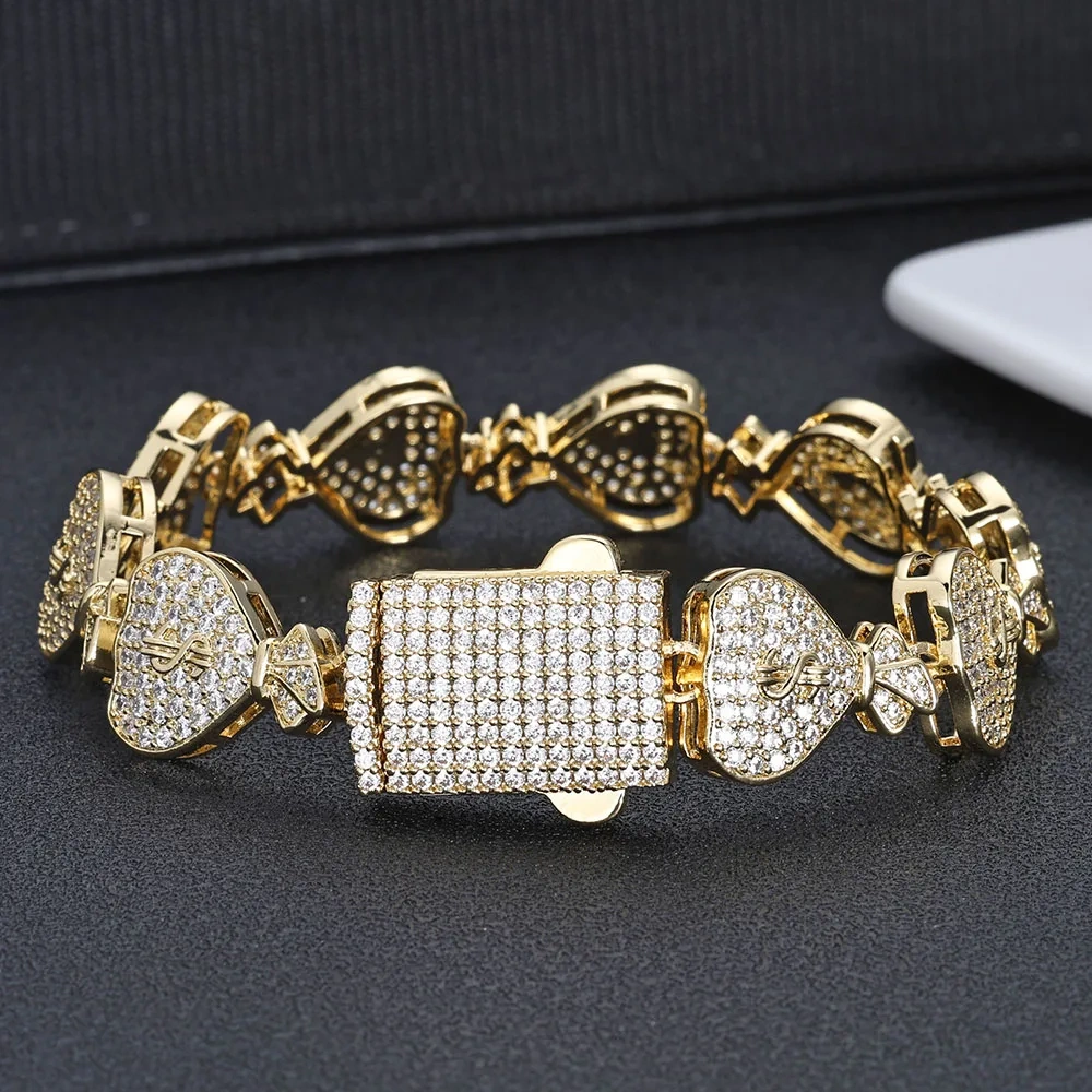 ESKEEM Hip Hop Fashion Jewelry Full Iced $ Money Bag Link Bracelet Handmade Inlay Diamond 5A Zircon Women's Cuban Bracelet ﻿