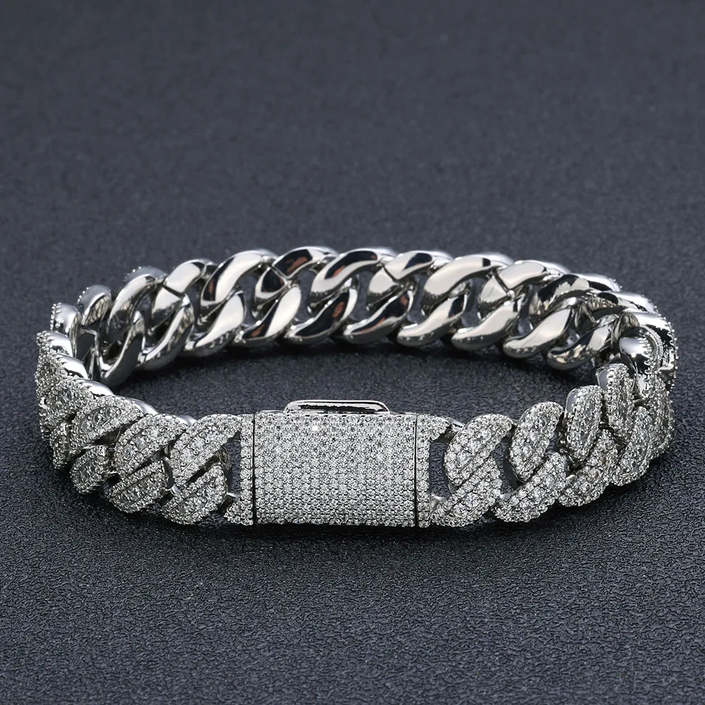 14mm Cuban Link Chain Bracelet Hip Hop Jewelry 18K Gold Plated Brass Zircon Diamond Iced Cuban Bracelet Bangle Men Women Gift