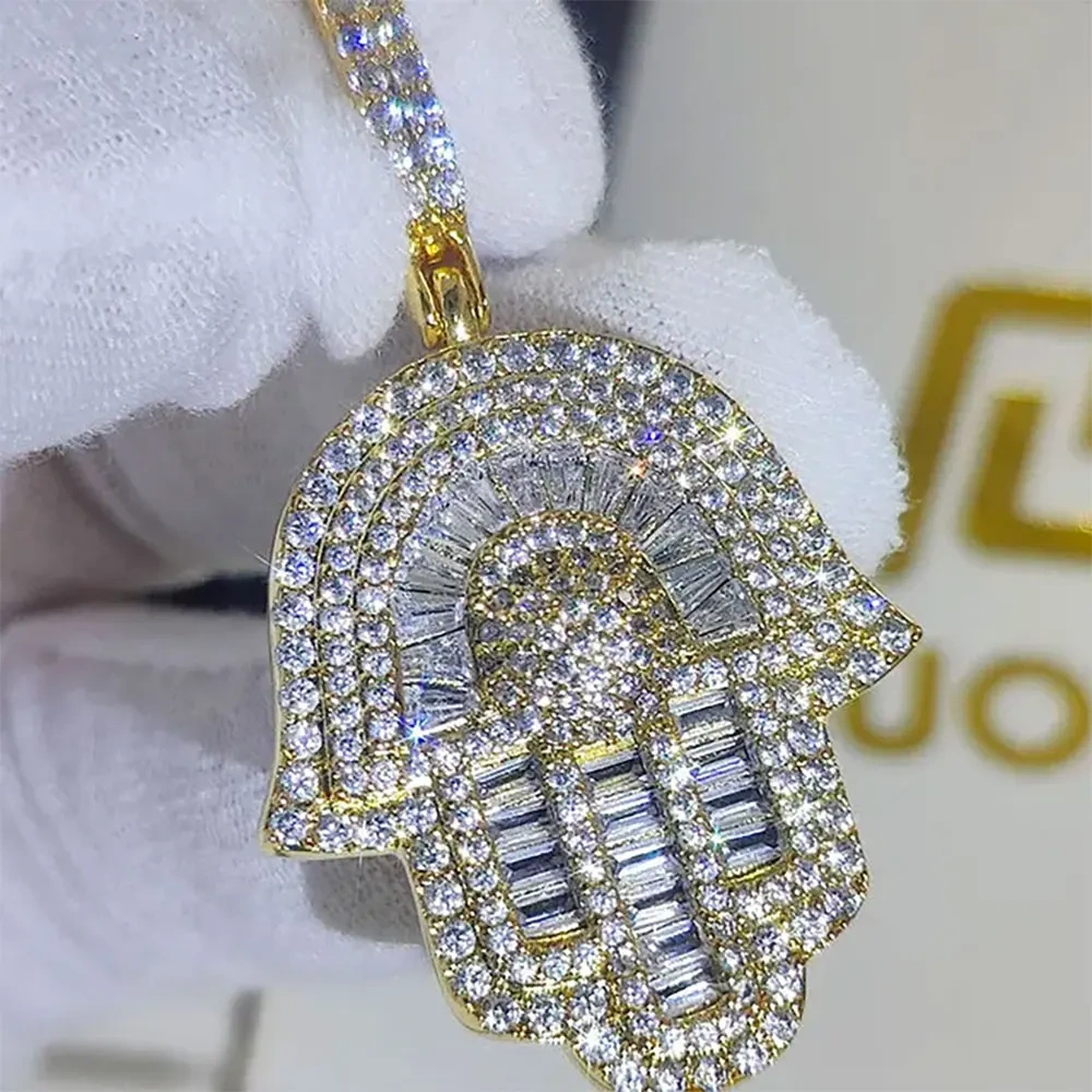 Hip Hop Jewelry Bling Iced Out 5A CZ Pave Hamsa Hand Fatima Pendant Necklace for Women Men With Tennis Chain Drop Shipping