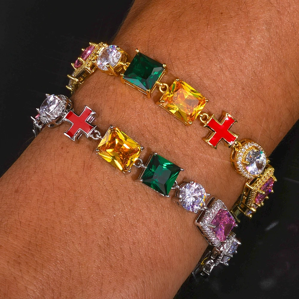 ESKEEM Hip Hop Jewelry Iced Out Multi Gemstone Bracelet Mixed Shape Rainbow Gems Cross Link Chain Fashion for Women Men