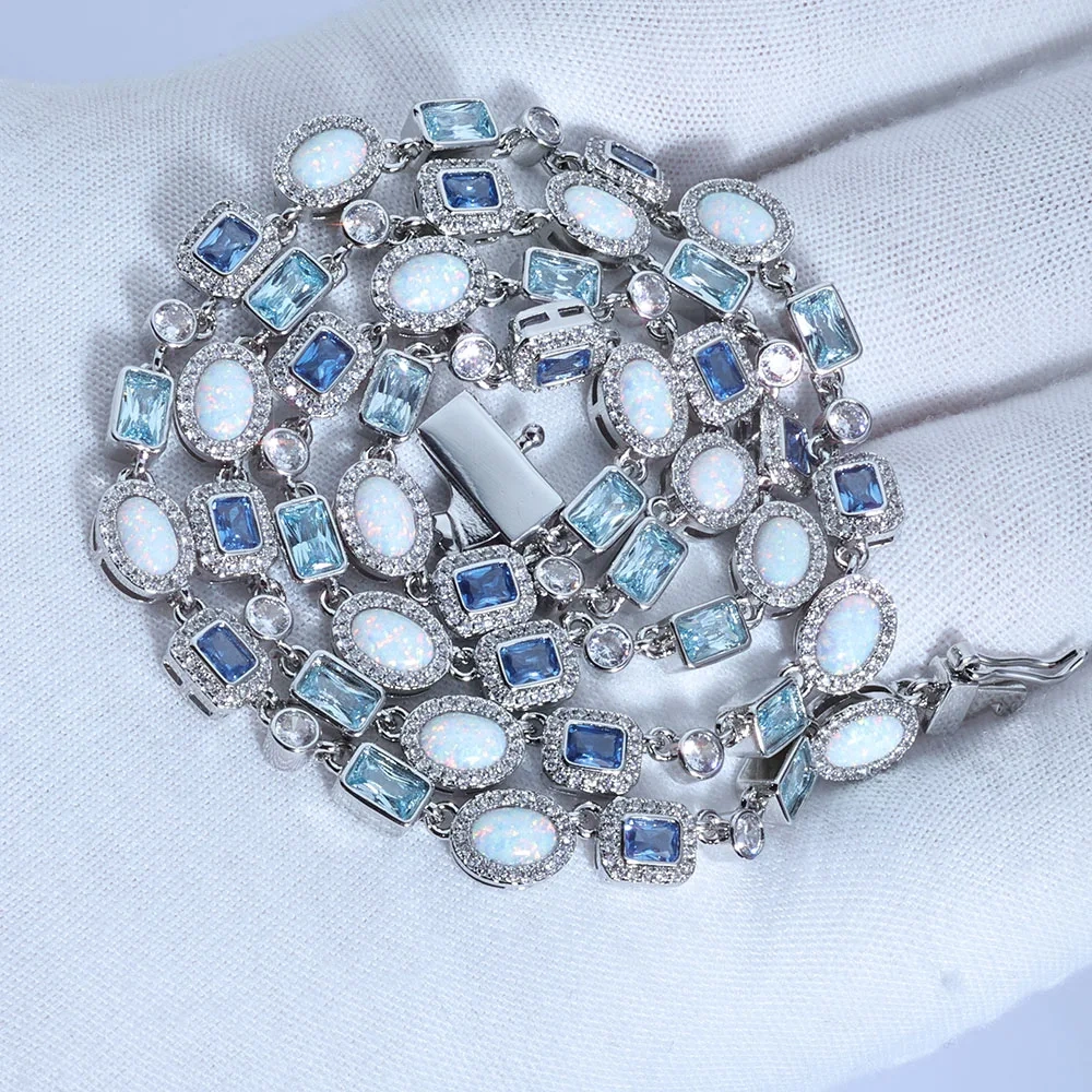 ESKEEM 6mm Geometric Gemstone Motif Iced Out Blue Chain Multicolor CZ Stones White Gold Plated Diamond Necklace Hip Hop Jewelry