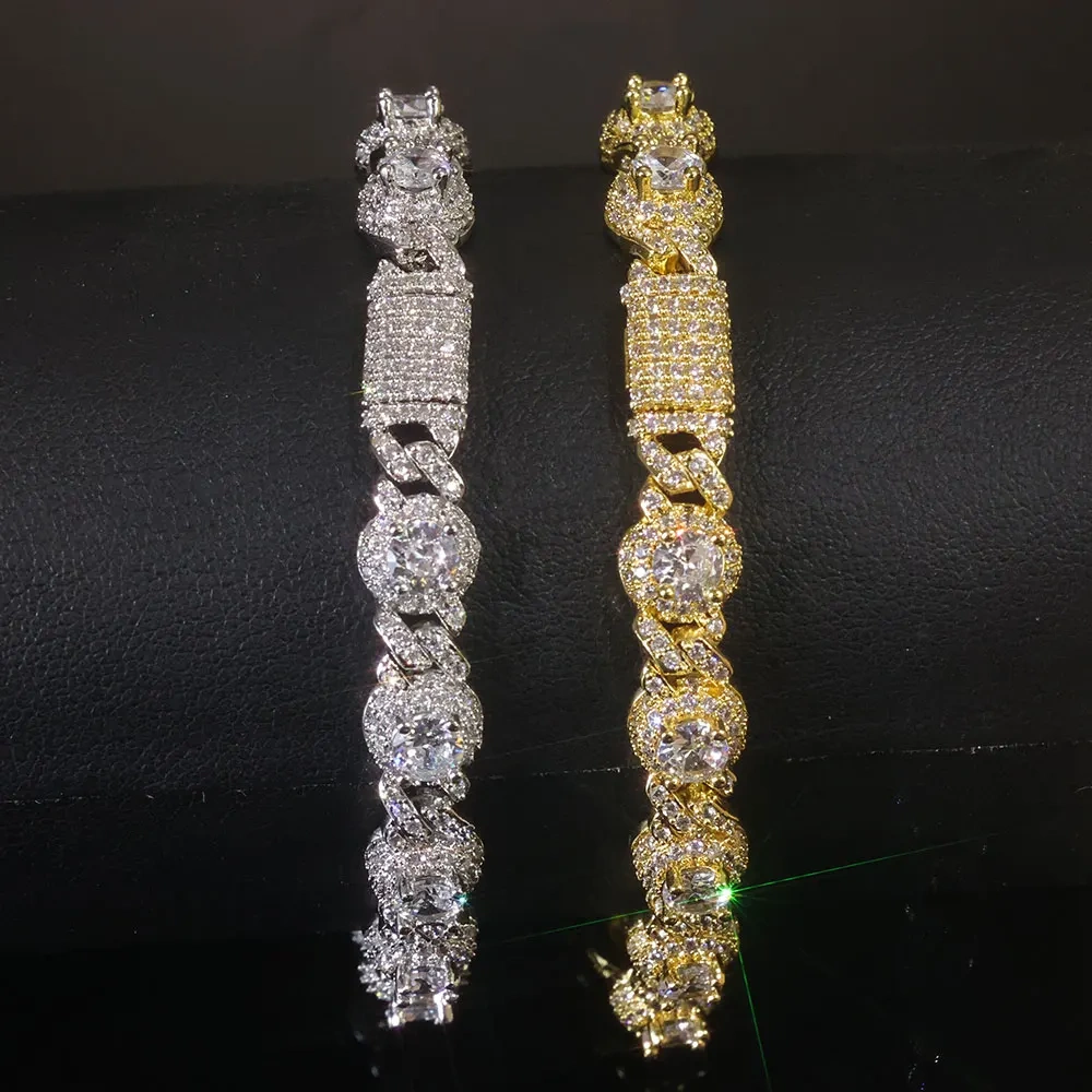 Hip Hop High End Jewelry Diamond White Gold Iced Out Bracelet 7.5mm Big Cz Round Bead 1Row Cuban Bracelet for Women Men Gift