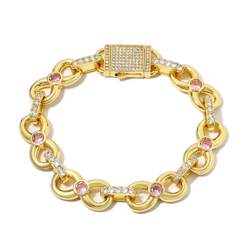 12MM Gold Plated CZ Zircon Diamond Link Chain Hip Hop Brass Metal Pink Stone Charm Cuban Link Chains for Women