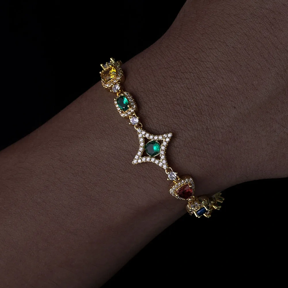 New Promotion Sweet Colorful Bracelets Charm For Women 18k Gold Plated Three Primary Colors Diamond CZ Bracelet Hip Hop Jewelry