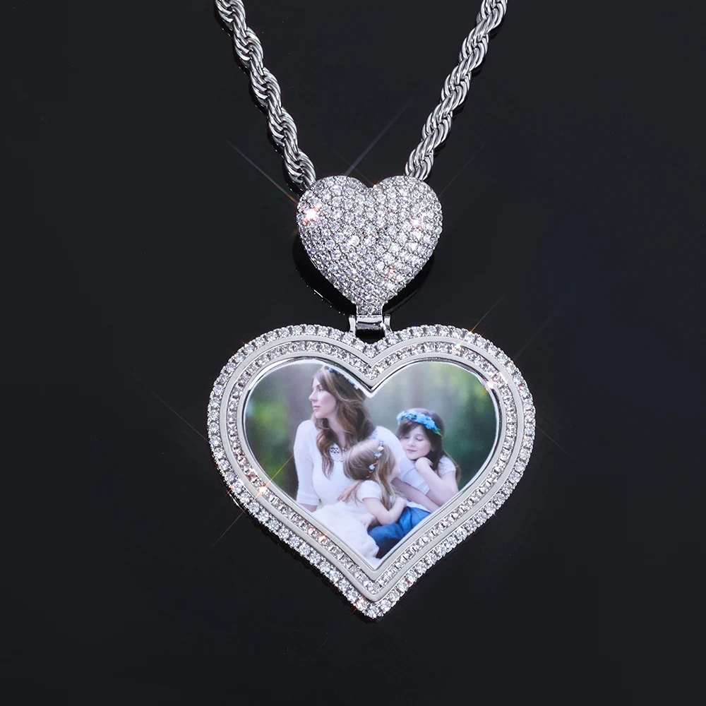 ESKEEM Personalized Customized Iced Out Heart Photo Chain Heart Shape Hook Picture Pendant Lover Family FestivalGift