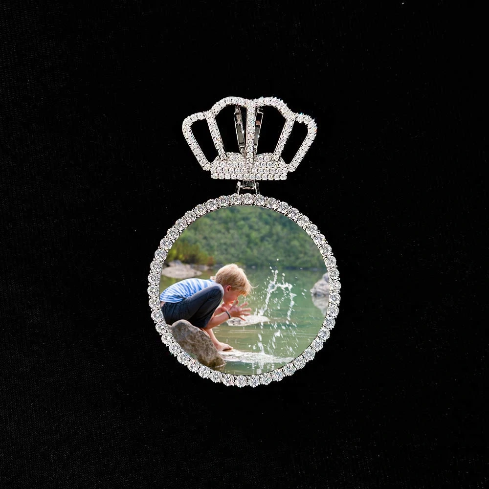 Hip Hop Jewelry New Arrival Crown Hook Custom Photo Pendant Memory Gift 70MM Big Round Custom Picture Pendant Necklace