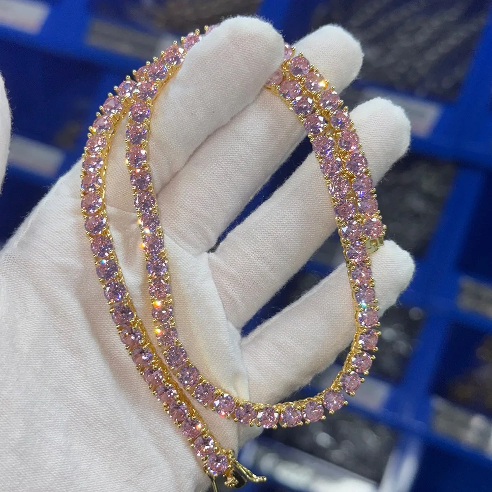 ESKEEM 5mm Pink Gemstone Tennis Chain 18k Gold Plated Hip Hop Jewelry Shiny Cubic Zirconia Iced Out Necklace