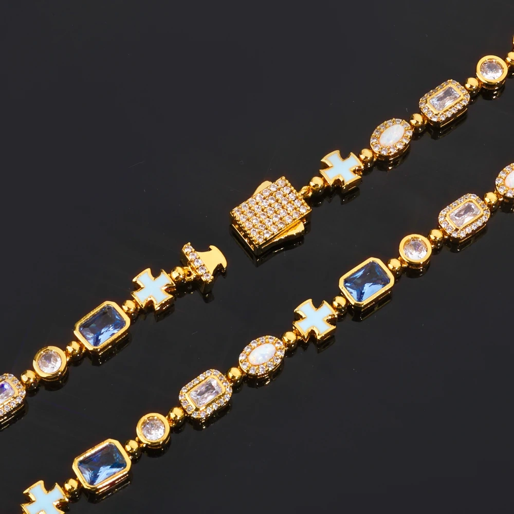 ESKEEM Geometric Oil Drip Blue Cross Bracelet 6mm Iced Out Blue CZ Gemstone Motif Chain Hip Hop Jewelry