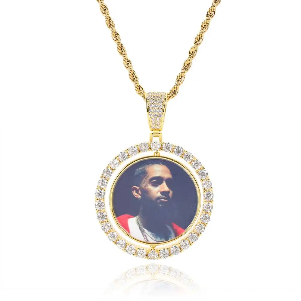 Custom Photo Necklace For Men Rotating Double-Sided Medallions Spinning Pendant Bling Iced Out Hip Hop Jewelry