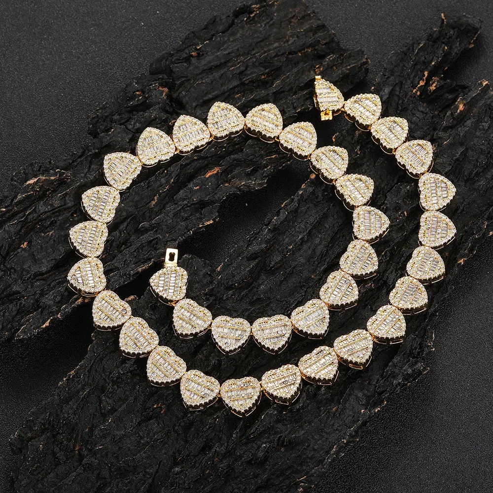 ESKEEM Hip Hop Jewelry Heart Link Chain Trendy Brass Cubic Zirconia For Women Bling Iced Out Two Tone Necklace